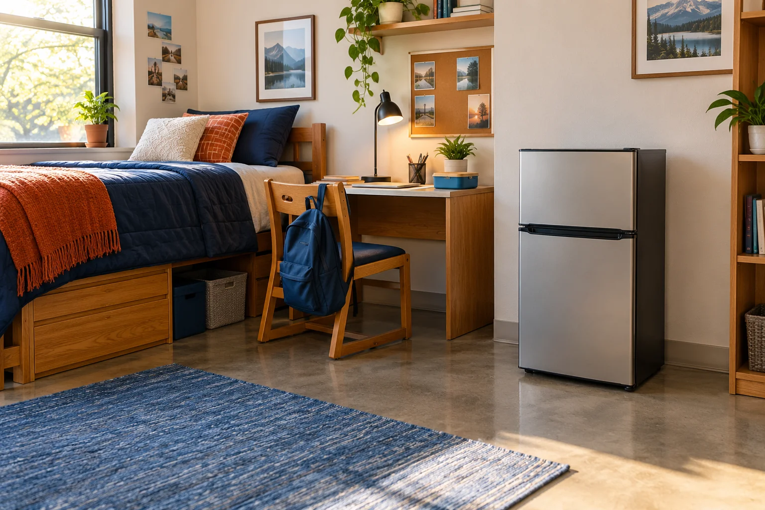 A small dorm with a generic freestanding mini fridge, desk and open floor space