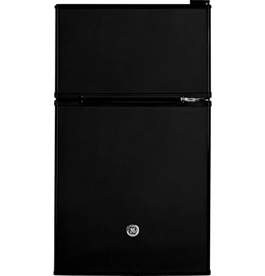 GE GDE03GGKBB two-door compact refrigerator in black