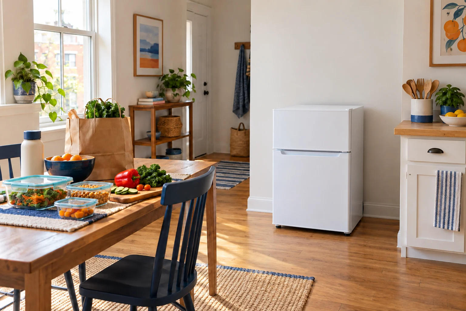 A compact apartment food-preparation area with a generic freestanding mini fridge and lunch containers